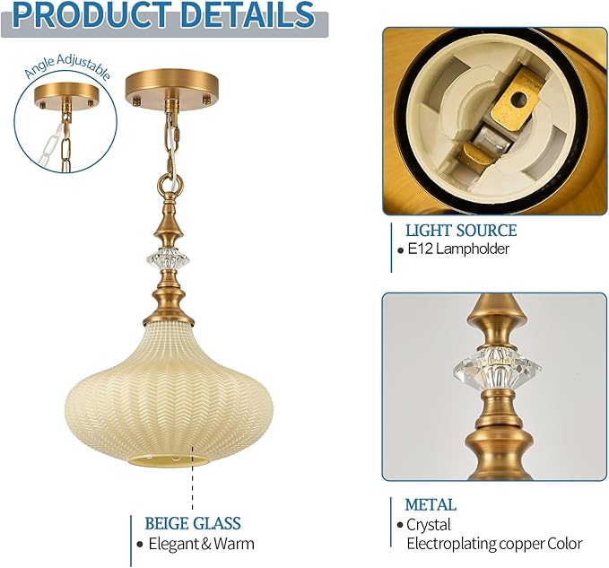 3-Light Chandelier,Vintage Gold Farmhouse Pendant Light Fixture for Kitchen,Adjustable Hanging Lighting with Beige Glass Shade for Hallway Bedroom Entryway Dining Room Island