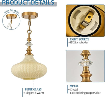 3-Light Chandelier,Vintage Gold Farmhouse Pendant Light Fixture for Kitchen,Adjustable Hanging Lighting with Beige Glass Shade for Hallway Bedroom Entryway Dining Room Island