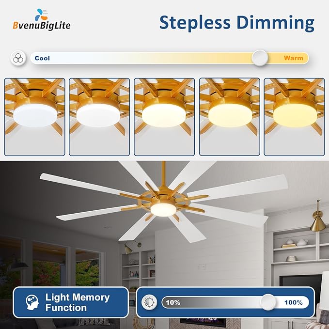 Large Ceiling Fans with Lights: Modern 66 Inch 8 Blade Outdoor Ceiling Fan with Remote APP Control - Dimmable White Gold Big Fan light Indoor Reversible 6 Speed Quiet DC Motor