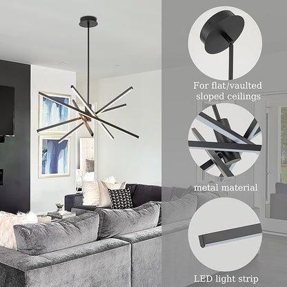 Y'INSP Black Sputnik Chandeliers Modern LED Linear Chandelier Light 5 Lights Dining Room Light Fixtures Over Table Embedded 45W Sputnik Light Fixture for Kitchen Island Bedroom Living Room