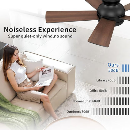 POCHFAN 42 Inch Black Ceiling Fans with Lights and Remote, LED Low Profile Flush Mount Ceiling Fan for Bedroom, Living Room, Patio, Quiet DC Motor, 5 Blades