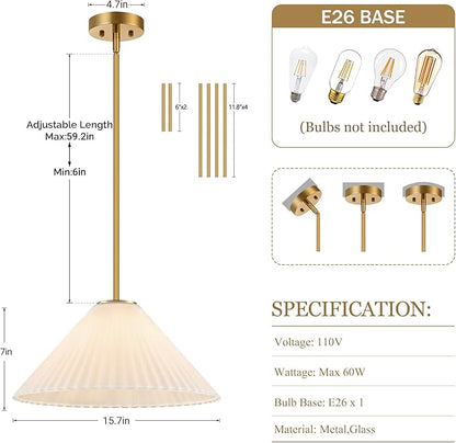 15.7 Inch Modern Pendant Lights, Ribbed Milk Glass 1-Light Single Pendant Lighting Fixtures, White Cone Mid Century Ceiling Hanging Light for Kitchen Island Dining Room Over Sink Table Hall