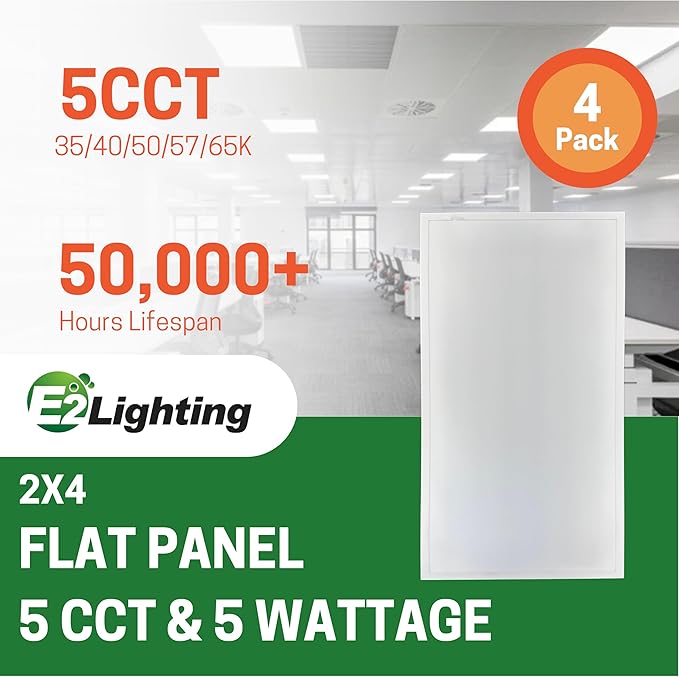E2 LIGHTING 2x4 LED Flat Panel Light, 5 CCT Tunable 35-65K, 5 Wattage Adjustable 30-72W, 0-10V Dimming, 4 Pack |