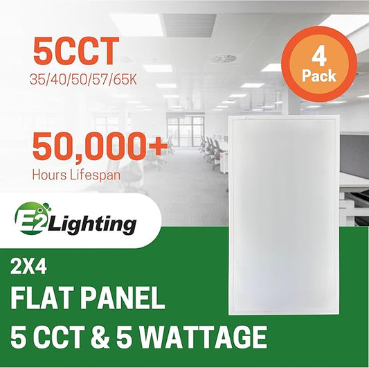 E2 LIGHTING 2x4 LED Flat Panel Light, 5 CCT Tunable 35-65K, 5 Wattage Adjustable 30-72W, 0-10V Dimming, 4 Pack |