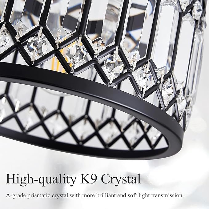 Pevfah Crystal Black Ceiling Light, Modern Semi Flush Mount Ceiling Lighting Fixture, Round Hallway Lighting Fixtures Chandelier for Kitchen Entryway Bedroom Dining Room, 3-Light, 12.2 Inch