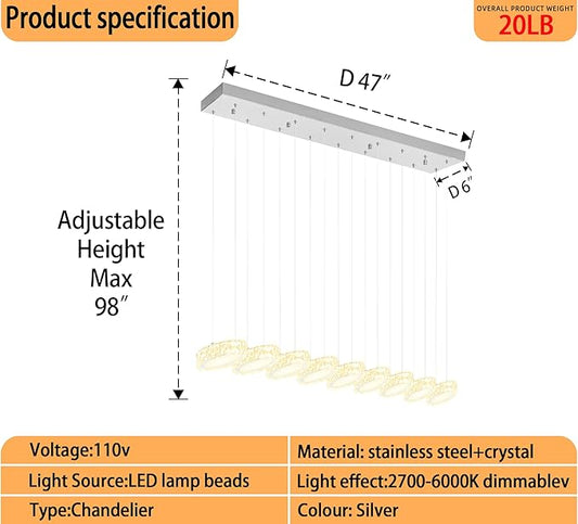 Rectangular Crystal Chandelier for Dining Room Pendant Chandelier for Kitchen Modern Linear Crystal Chandeliers Over Table Silver 9 Lights