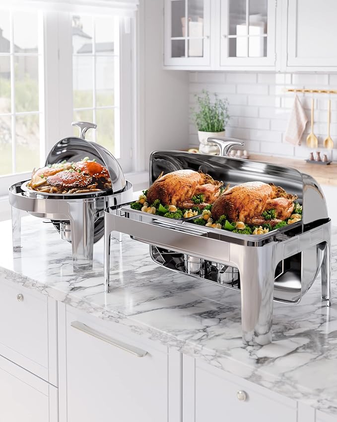 Takywep 9QT Rectangular Roll Top Chafing Dish Buffet Set,Catering Food Warmer with 1 Full Size & 2 Half-Size Pans for Parties Catering
