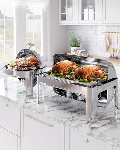 Takywep 9QT Rectangular Roll Top Chafing Dish Buffet Set,Catering Food Warmer with 1 Full Size & 2 Half-Size Pans for Parties Catering