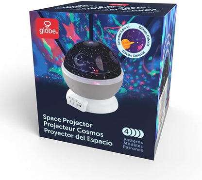 Globe Electric 13766 LED Integrated Color Changing Space Projector Night Light, 4 Interchangeable Projection Patterns, Removeable Dome Diffuser, USB or Battery Powered, Bulb Not Included