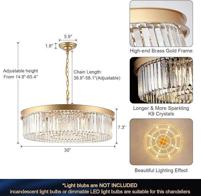A AXILIXI Gold Crystal Chandeliers 30" Modern Round Chandelier 12-Lights 3-Tier Crystal Ceiling Chandelier Light Fixture Brass Luxury Crystals Chandeliers for Dining Room High Ceilings Entryway Foyer