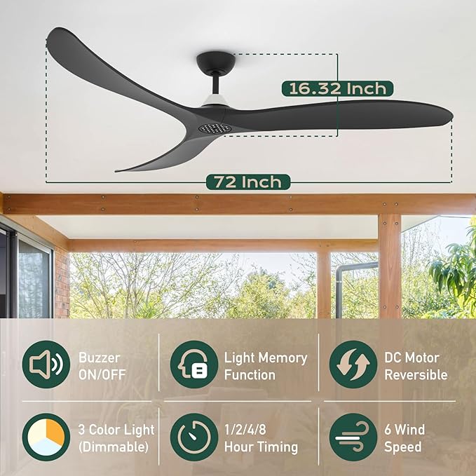 TALOYA 72 Inch Ceiling Fans with Lights Led Remote Control Flush Mount Low Profile for Bedroom Farmhouse Patio Outdoor Living Room,Buzzer ON & Off,DC Motor,Reversible,Dimmable,Black,Solid Wood Blade