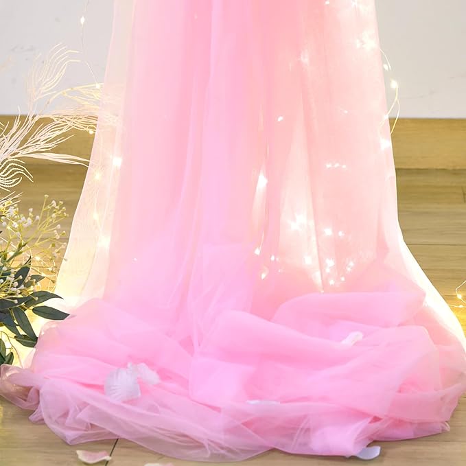 10ft×15ft Pink Tulle Backdrop Curtains with Lights String for Parites Pink Sheer Backdrop Curtains for Baby Shower Girls Birthday Party Wedding Bridal Shower Photo Shoot Background 2 Panels 5×15ft