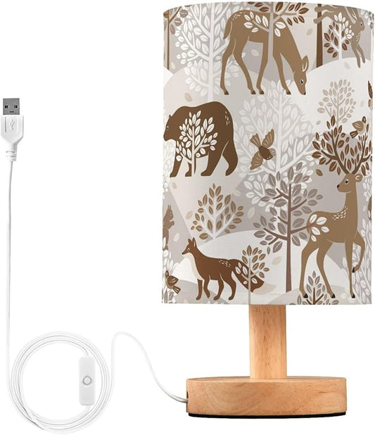 Bedside Table Lamp Woodland Animals Nightstand Lamp with Wood Owl Deer Buuny Bear Trees Leaves Desk Lamps for Bedroom Living Room Nursery Office Home Decor