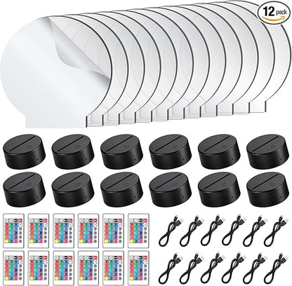 Riakrum 48 Pcs/12 Sets Acrylic Night Lights Clear Acrylic Sheets and 3D Night LED Light Lamp Base with Remote Control USB Cable, DIY LED Lamp Set for Restaurant Bar Cafe Room Decor(Round)