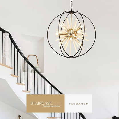 23.6" Black Gold 9-Light Globe Sputnik Chandelier Modern Firework Hanging Ceiling Glass Tube Pendant Light Fixture for Entryway Foyer Staircase Dining Living Room Hallway