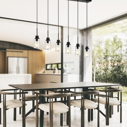 6 Lights Island Lights for Kitchen Modern Industrial Black Linear Chandeliers with Clear Glass Shade for Dining Room Kitchen Long Finish Ceiling Lighting Fixtures