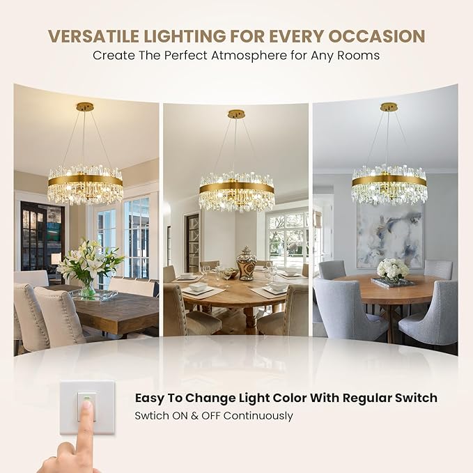 Modern Crystal Chandelier for Dining Room, 12-Light Luxury Gold Flush Mount Crystal Ceiling Light 2-Tiers K9 Crystal Raindrop Chandelier for Living Room Kitchen Entryway Foyer D23.6''