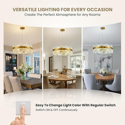 Modern Crystal Chandelier for Dining Room, 12-Light Luxury Gold Flush Mount Crystal Ceiling Light 2-Tiers K9 Crystal Raindrop Chandelier for Living Room Kitchen Entryway Foyer D23.6''