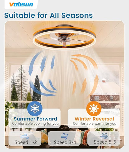 VOLISUN RGB Ceiling Fans with Lights and Remote, 20in Low Profile Ceiling Fans with Lights Flush Mount, 3000K-6500K Dimmable Fandelier LED Fan Light, Black Bladeless Ceiling Fans for Bedroom