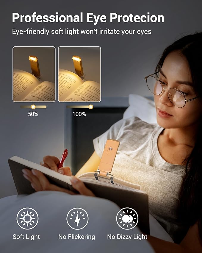 DEWENWILS USB Rechargeable Book Reading Light, LED Clip on Booklight Flexible Reading Lights in Bed, Car at Night, Warm White, Brightness Adjustable, Perfect for Bookworms, Kids (Peach Fuzz)
