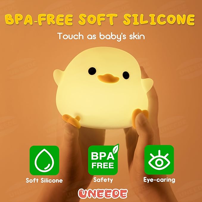 UNEEDE LED Cute Bean Duck Night Light, DoDo Duck Silicone Nursery Night Light Squishy Dimmable Rechargeable Table Bedside Lamp with Touch Sensor for Bedrooms, Living Room Unique Dorm Decor Gift Toy