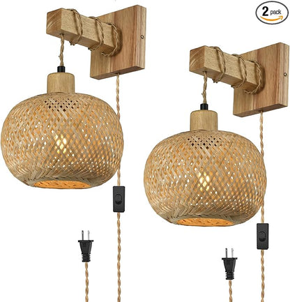 Boho Hanging Wall Light Plug in,Vintage Farmhouse Wall Sconces Set of Two with Rattan Shade for Bedroom Living Room-White