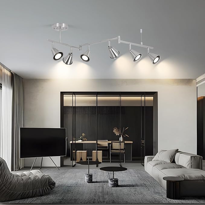 6-Light Modern Track Lighting Fixtures Ceiling, Flexible Foldable Arm and Rotatable Light Head,Nickel Kitchen Track Lighting for Kitchen Islands, Dining Rooms, Bars, Closets, Workbenches.