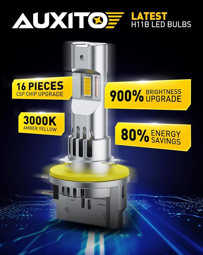 AUXITO Upgraded H11B Bulb - 900% Brighter 3000K Amber Yellow Light, Direct Fit Mini Size, Hassle-Free Plug & Play, Extended Lifespan, Flicker-Free Operation, Pack of 2