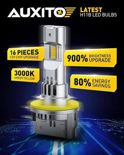 AUXITO Upgraded H11B Bulb - 900% Brighter 3000K Amber Yellow Light, Direct Fit Mini Size, Hassle-Free Plug & Play, Extended Lifespan, Flicker-Free Operation, Pack of 2