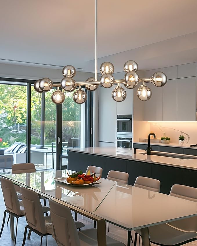 Glass Globe Sputnik Chandelier, 16-Light Mid Century Modern Light Fixture Over Table, Linear Chandeliers for Dining Room, Kitchen Island, Nickel and Smoke Grey Bubble, 40 Inch, GC-02