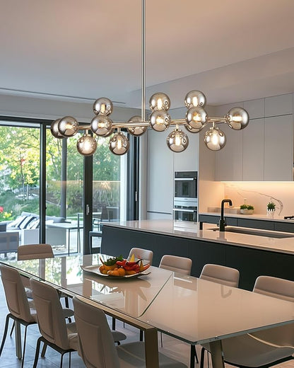 Glass Globe Sputnik Chandelier, 16-Light Mid Century Modern Light Fixture Over Table, Linear Chandeliers for Dining Room, Kitchen Island, Nickel and Smoke Grey Bubble, 40 Inch, GC-02