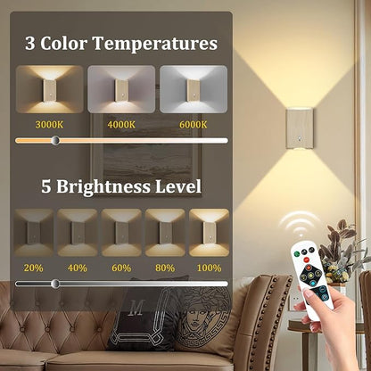 Battery Powered Wall Sconce Set of 2: 5000mAh Rechargeable Motion Sensor Wall Light with Remote, 3 Colors Wireless Sconce Magnetic Motion Sensor Night Light Indoor for Bedroom Hallway Stair, Beech