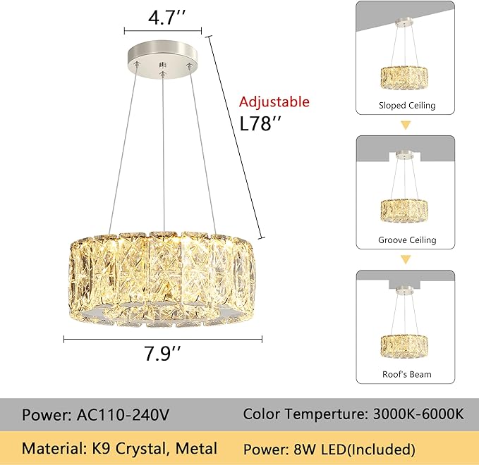 Modern Crystal Chandelier 8W Dimmable LED Crystal Pendant Light Fixtures Height Adjustable Round Chandeliers for Dining Room Hallway Bedroom Silver