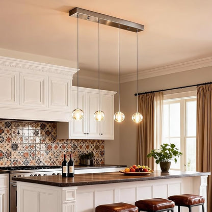 Brushed Nickel 4 Lights Rectangular Chandeliers, Bubble Light Fixture, Modern Crystal Globe Hanging Kitchen Pendant Lights Over Sink for Dining Room Kitchen Island Hallway Bedroom