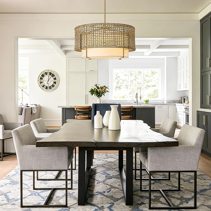 25.6" Large Rattan Chandelier, 6-Light Boho Rustic Pendant Light with Fabric Shade, Hand Woven Wicker Hanging Ceiling Light Fixture for Dining Room, Living Room, Kitchen Island, Bedroom, Foyer