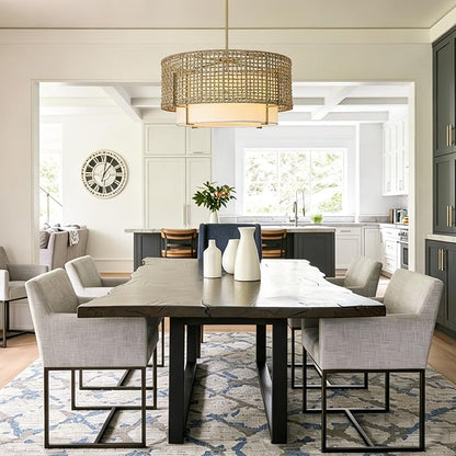 25.6" Large Rattan Chandelier, 6-Light Boho Rustic Pendant Light with Fabric Shade, Hand Woven Wicker Hanging Ceiling Light Fixture for Dining Room, Living Room, Kitchen Island, Bedroom, Foyer