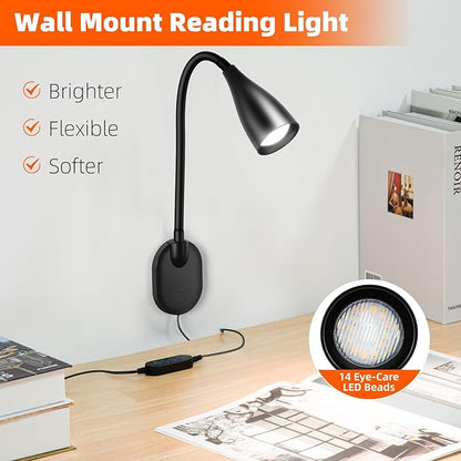 LiFMIRA Wall-Mounted LED Bedside Reading Light with USB Charging Port, 10-Level Dimmable & Adjustable 5 Color, Plug-in Adhesive Night Lamp for Books in Bed, Eye-Caring Bedroom Lighting (Black)