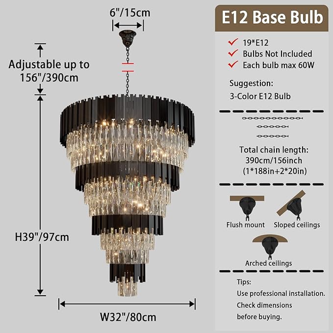11-Tier K9 Crystal Chandelier, 32" Modern Black Adjustable Height Pendant Light, Luxury Round Chandeliers for High Ceiling, Foyer, Staircase, Entryway, Two-Story Living Room