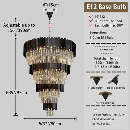 11-Tier K9 Crystal Chandelier, 32" Modern Black Adjustable Height Pendant Light, Luxury Round Chandeliers for High Ceiling, Foyer, Staircase, Entryway, Two-Story Living Room