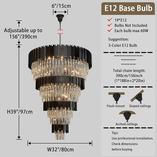 11-Tier K9 Crystal Chandelier, 32" Modern Black Adjustable Height Pendant Light, Luxury Round Chandeliers for High Ceiling, Foyer, Staircase, Entryway, Two-Story Living Room