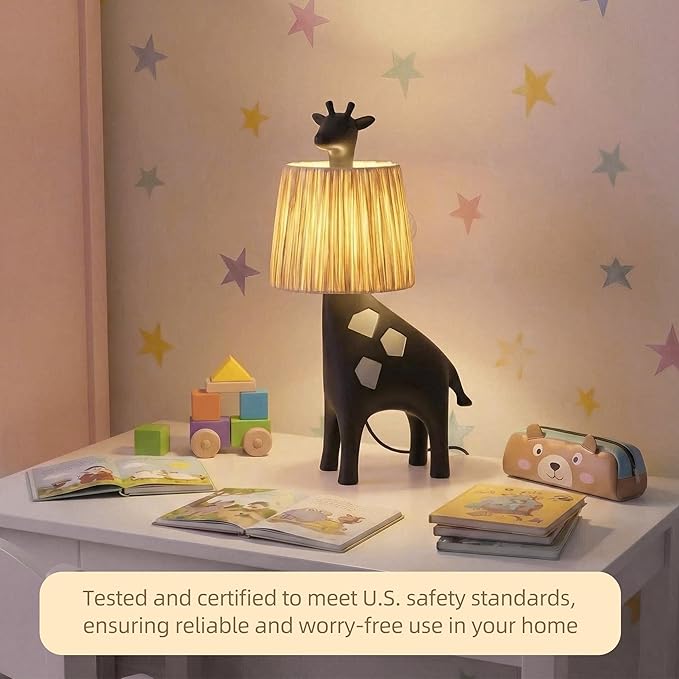 13.7 Inch LED Giraffe Table Lamp, Resin Animal Desk Lamp with Handcrafted Raffia Shade, Unique Decorative Light, Cute Desk Lamps for Nightstand, Bedroom, Playroom, Nursery, Black