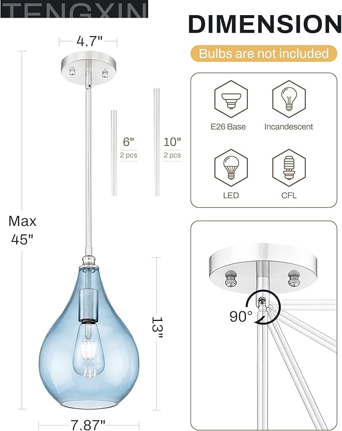 TENGXIN 8 Inch Hanging Pendant Light, Kitchen Island Pendant, Blue Glass, Farmhouse Style, Dining Room, Bedroom