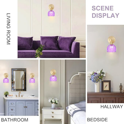 Hardwired Wall Sconce Light, Vintage Wall Sconce with Switch, Gold Wall Light Fixture with Tulip Purple Glass Lampshade, Indoor Wall Light for Bedroom Bathroom, Bedside Wall Lamp