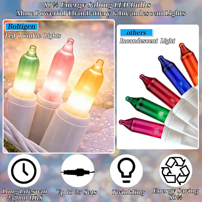 Boltigen Easter Slow Twinkle Lights with White Wire, 50 LED Christmas Pastel String Light, 14.58FT UL Certified Waterproof Connectable for Indoor Outdoor Christmas Holiday Wedding Garden Decor