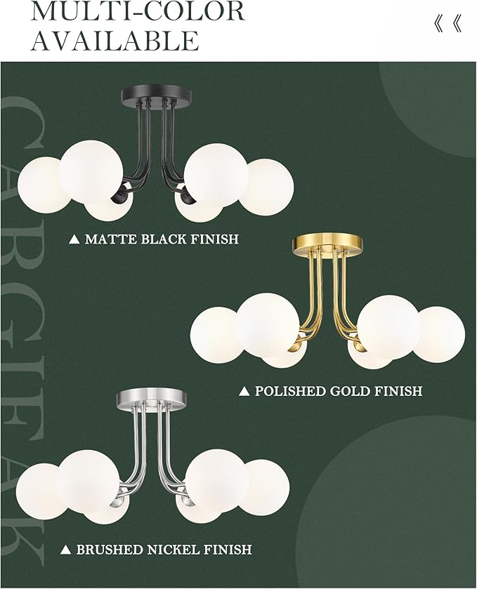 Brushed Nickel Ceiling Light in Modern Farmhouse Design Features 6 Frosted Glass Shades, Ideal for The Living Room, Bedroom, or Dining Room. Model: CKCL4845-6W-BN