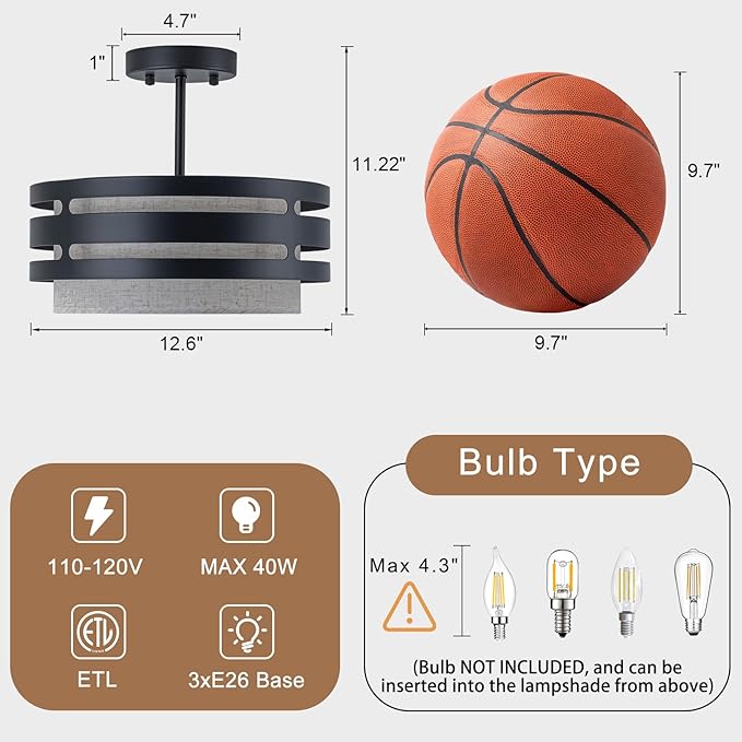 12.6” Drum Light Fixture Black Semi Flush Mount Ceiling Lights 3-Light Linen Boho Light Fixture Close to Ceiling Lighting for Bedroom Hallway Kitchen Entryway Foyer Dining Room Laundry Room