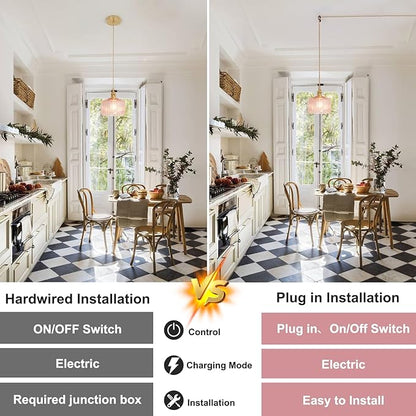 Shenmoyl Plug in Pendant Light Hanging Light Fixtures with Plugin Cord On/Off Switch,Pink Striped Glass Lampshade Brass Pendant Light