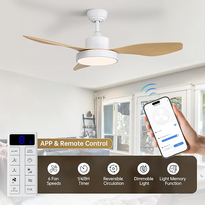 48 Inch Ceiling Fan with Lights Flush Mount Modern Outdoor Ceiling Fans with Remote,3 CCT Dimmable Quiet DC Motor & Timer for Patio/Bedroom/Farmhouse/Indoor (Natural Wood, 48 Inch/Smart Control)