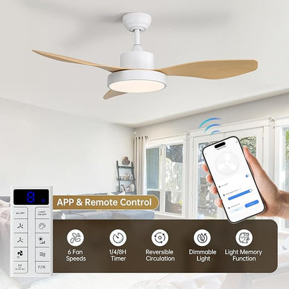 48 Inch Ceiling Fan with Lights Flush Mount Modern Outdoor Ceiling Fans with Remote,3 CCT Dimmable Quiet DC Motor & Timer for Patio/Bedroom/Farmhouse/Indoor (Natural Wood, 48 Inch/Smart Control)