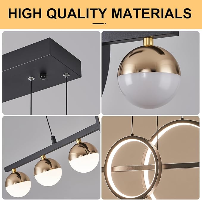 ORANOOR Modern Black Gold Chandeliers for Dining Room, Dimmable LED Chandelier Linear Pendant Light for Kitchen Island, 39in Globe Haning Pendant Chandelier Lighitng with Remote (2 Rings, 3000lm)